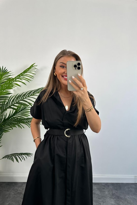 Lüx Kalite Marka Model Kemerli Midi Boy Kısa Kol Elbise Siyah