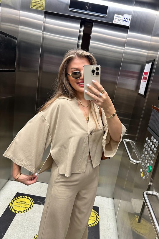 Lüx Kalite Massimo Model Kimono Palazzo Keten Takım Bej