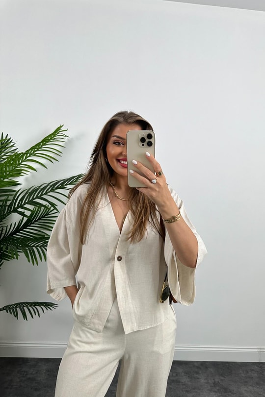 Lüx Kalite Massimo Model Kimono Palazzo Keten Takım Naturel Taş