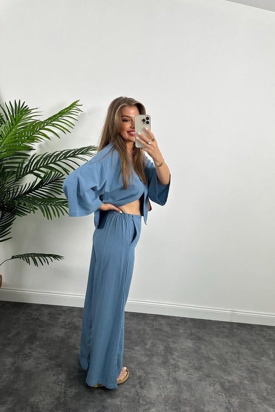 Lüx Kalite Massimo Model Kimono Palazzo Keten Takım İndigo
