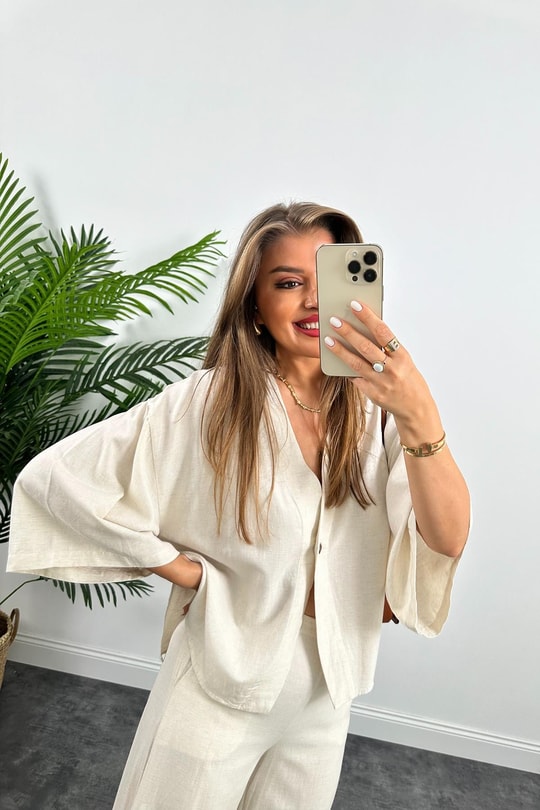 Lüx Kalite Massimo Model Kimono Palazzo Keten Takım Naturel Taş