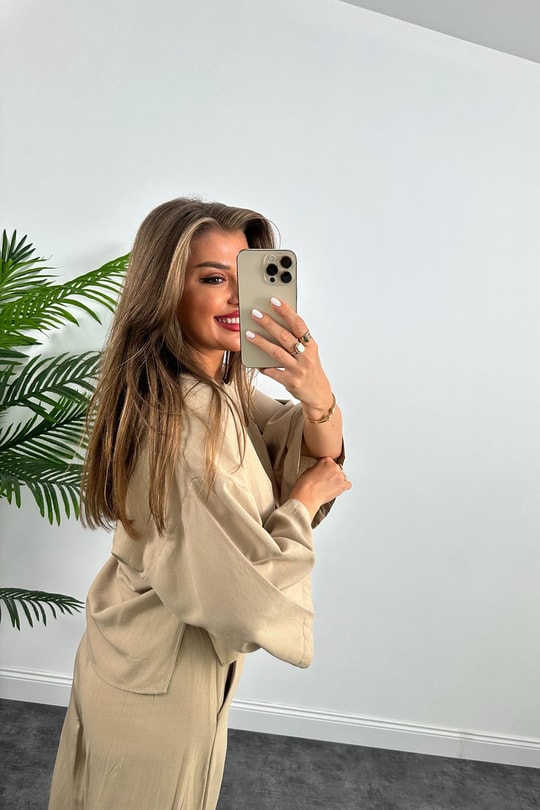 Lüx Kalite Massimo Model Kimono Palazzo Keten Takım Bej