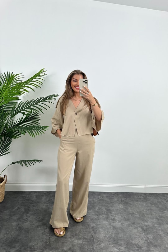 Lüx Kalite Massimo Model Kimono Palazzo Keten Takım Bej