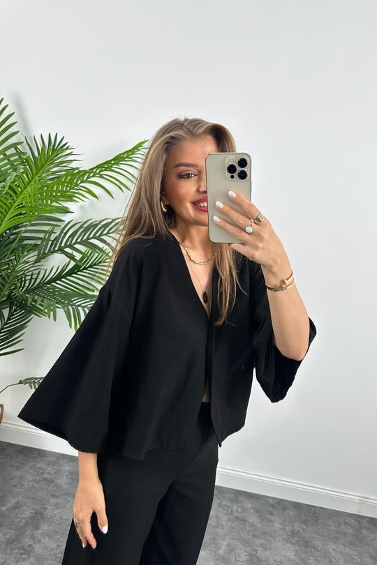 Lüx Kalite Massimo Model Kimono Palazzo Keten Takım Siyah