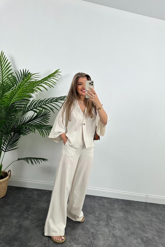 Lüx Kalite Massimo Model Kimono Palazzo Keten Takım Naturel Taş