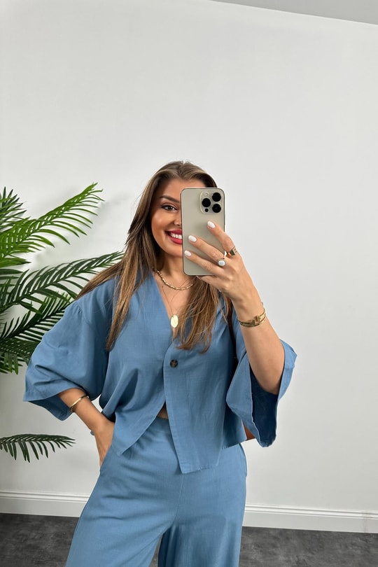 Lüx Kalite Massimo Model Kimono Palazzo Keten Takım İndigo