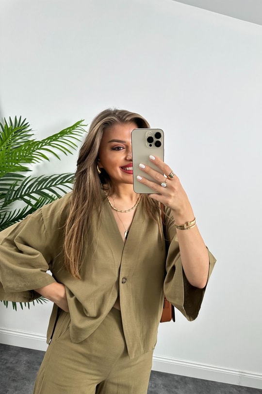 Lüx Kalite Massimo Model Kimono Palazzo Keten Takım Haki