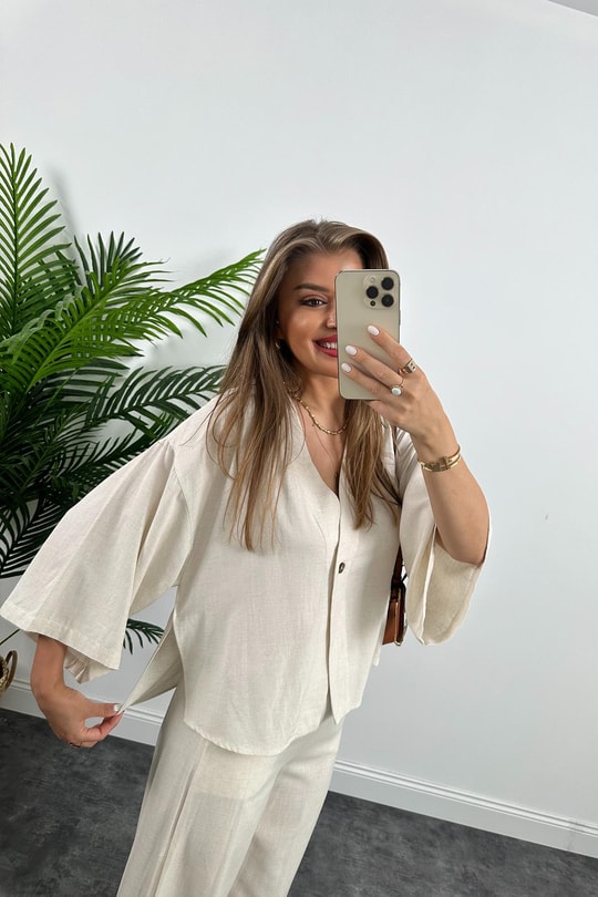 Lüx Kalite Massimo Model Kimono Palazzo Keten Takım Naturel Taş