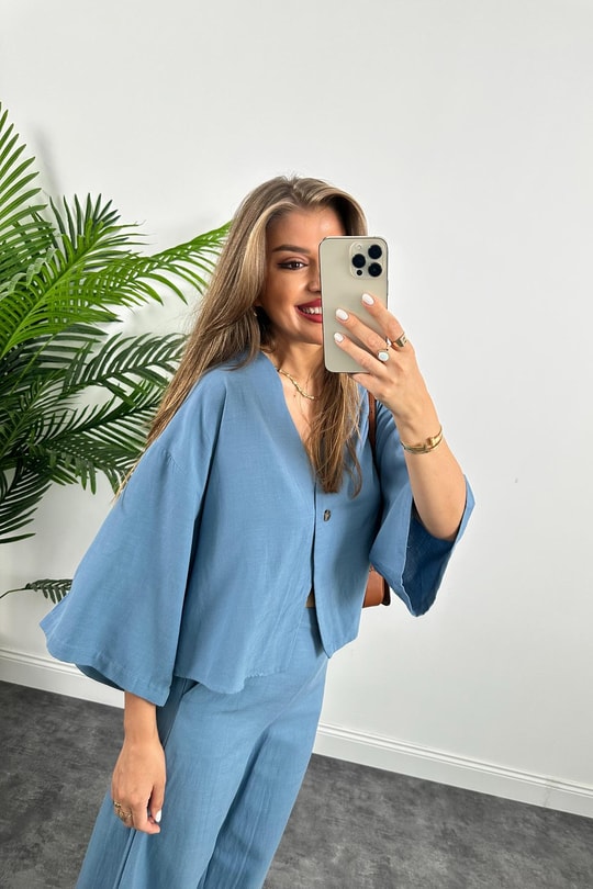 Lüx Kalite Massimo Model Kimono Palazzo Keten Takım İndigo