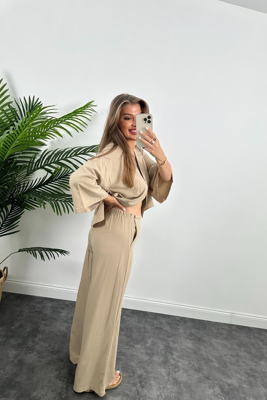 Lüx Kalite Massimo Model Kimono Palazzo Keten Takım Bej