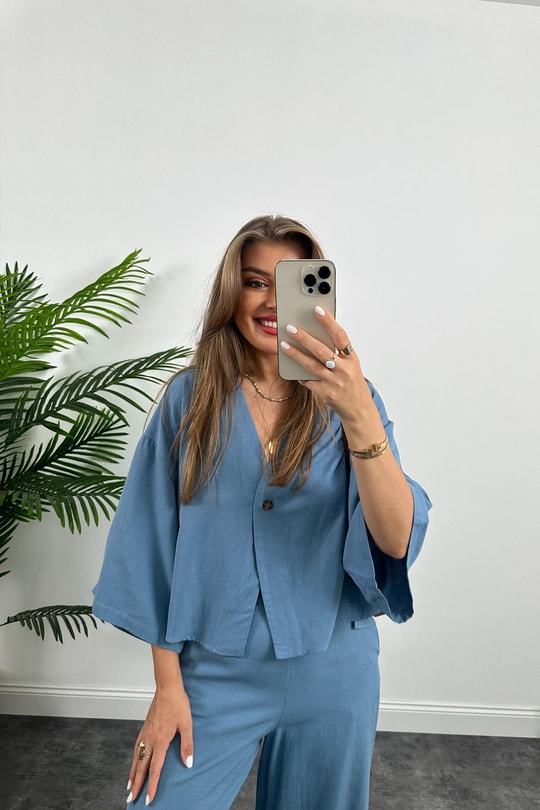 Lüx Kalite Massimo Model Kimono Palazzo Keten Takım İndigo