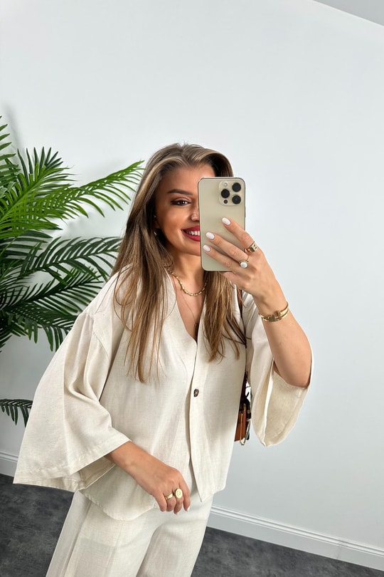 Lüx Kalite Massimo Model Kimono Palazzo Keten Takım Naturel Taş