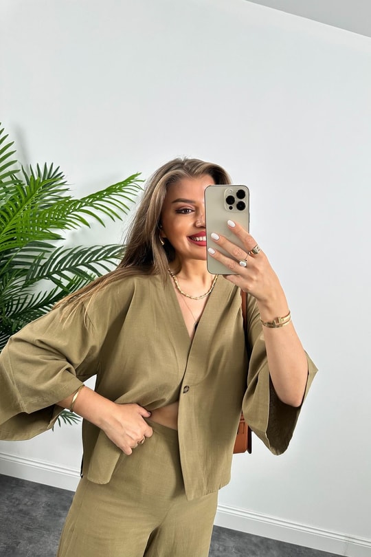 Lüx Kalite Massimo Model Kimono Palazzo Keten Takım Haki