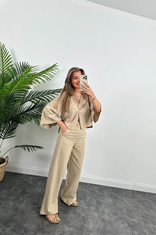 Lüx Kalite Massimo Model Kimono Palazzo Keten Takım Bej