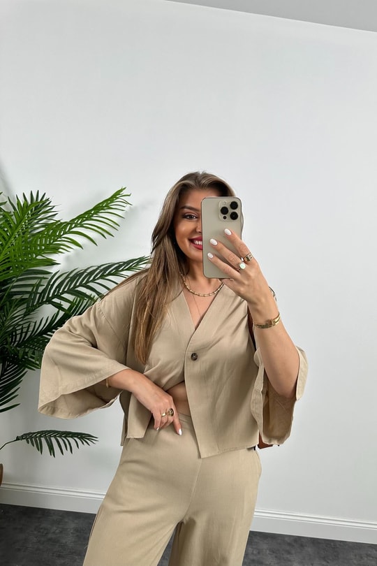 Lüx Kalite Massimo Model Kimono Palazzo Keten Takım Bej