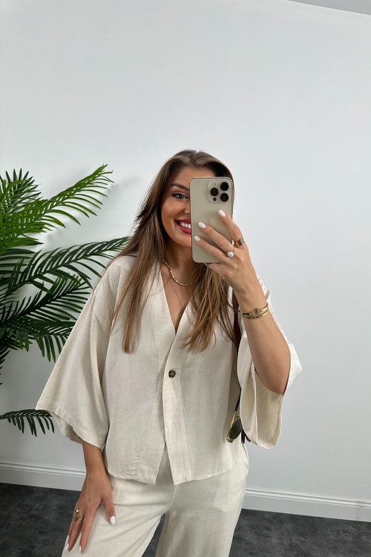 Lüx Kalite Massimo Model Kimono Palazzo Keten Takım Naturel Taş