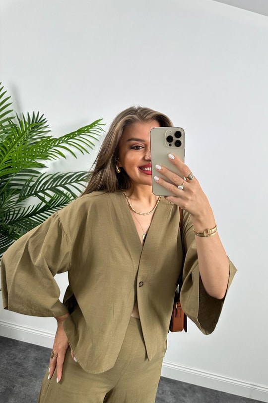 Lüx Kalite Massimo Model Kimono Palazzo Keten Takım Haki