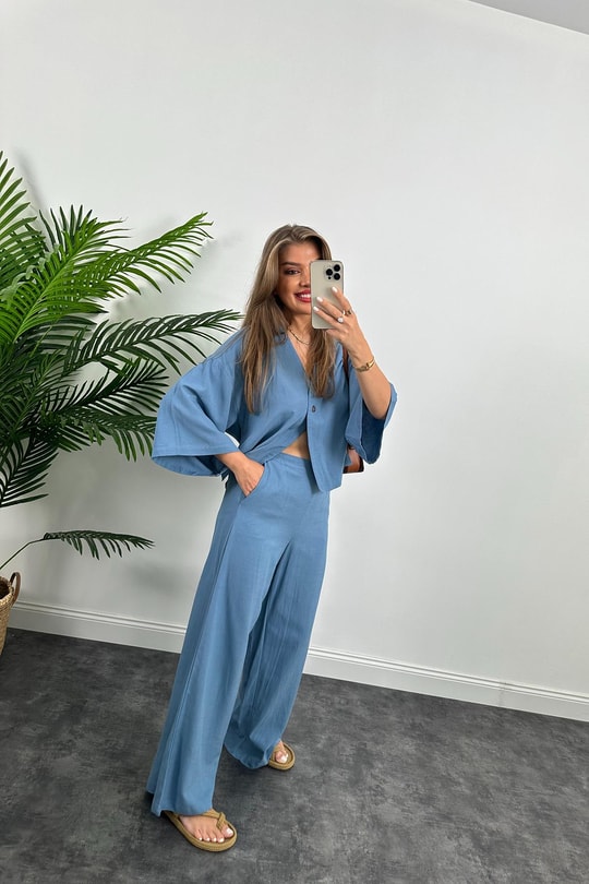 Lüx Kalite Massimo Model Kimono Palazzo Keten Takım İndigo