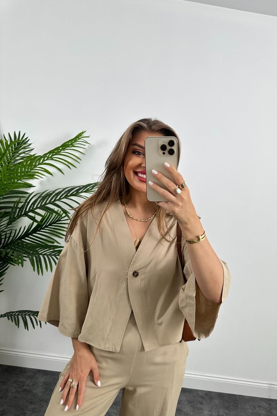 Lüx Kalite Massimo Model Kimono Palazzo Keten Takım Bej