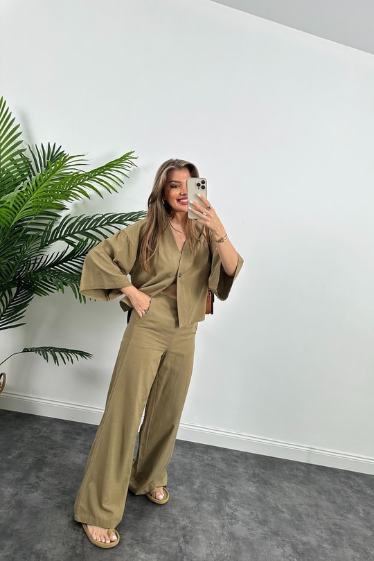 Lüx Kalite Massimo Model Kimono Palazzo Keten Takım Haki