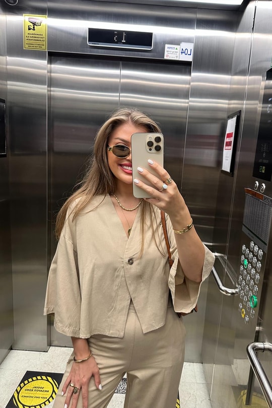 Lüx Kalite Massimo Model Kimono Palazzo Keten Takım Bej