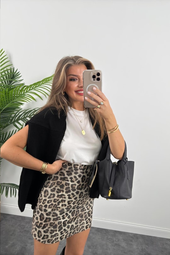 Lüx Kalite Mat Deri Leopar Etek