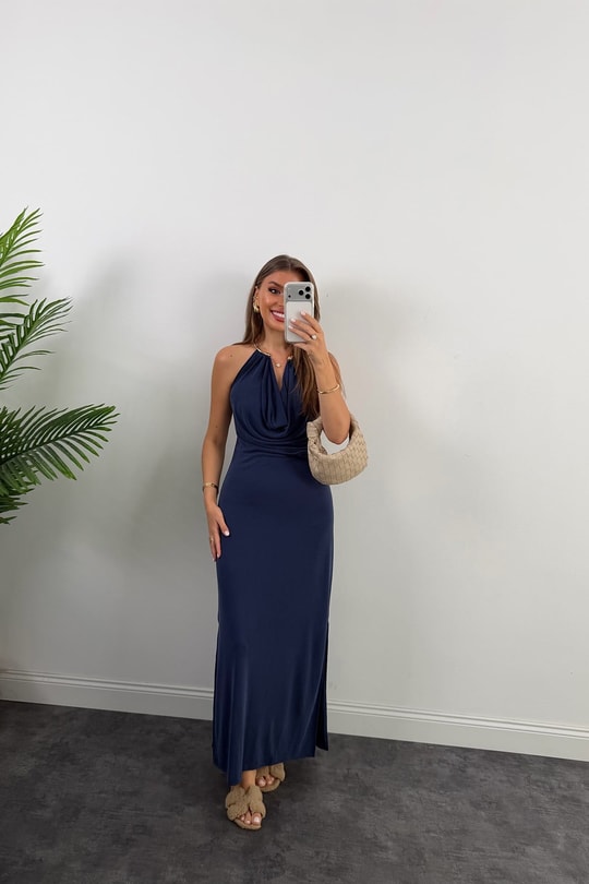 Lüx Kalite Modal Kumaş Gold Yaka Likralı Elbise İndigo