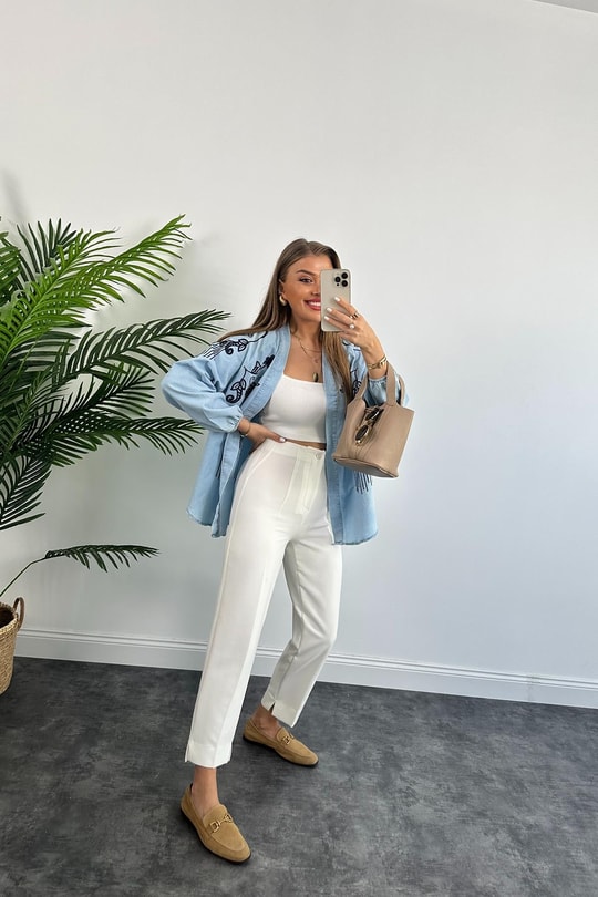 Lüx Kalite Nakışlı Tensel Jean Kimono Ceket