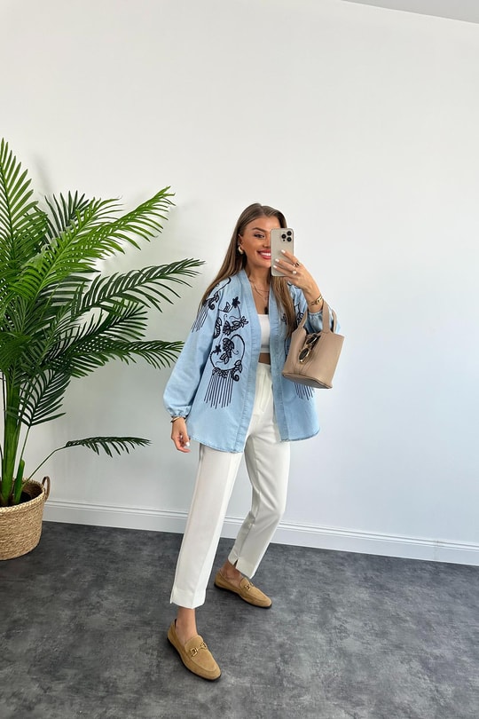 Lüx Kalite Nakışlı Tensel Jean Kimono Ceket