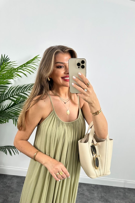 Lüx Kalite Naturel Seri %100 Pamuklu Astarlı Maxi Elbise Haki