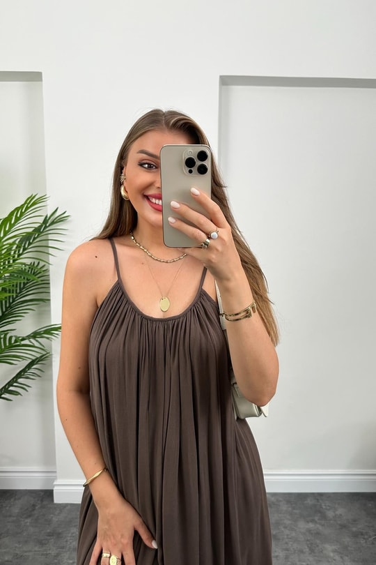 Lüx Kalite Naturel Seri %100 Pamuklu Astarlı Maxi Elbise Kahverengi