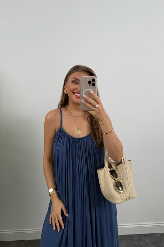 Lüx Kalite Naturel Seri %100 Pamuklu Astarlı Maxi Elbise İndigo