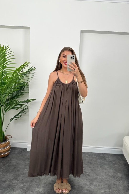 Lüx Kalite Naturel Seri %100 Pamuklu Astarlı Maxi Elbise Kahverengi