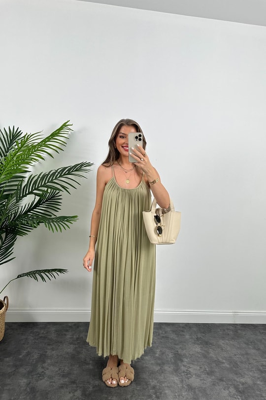 Lüx Kalite Naturel Seri %100 Pamuklu Astarlı Maxi Elbise Haki