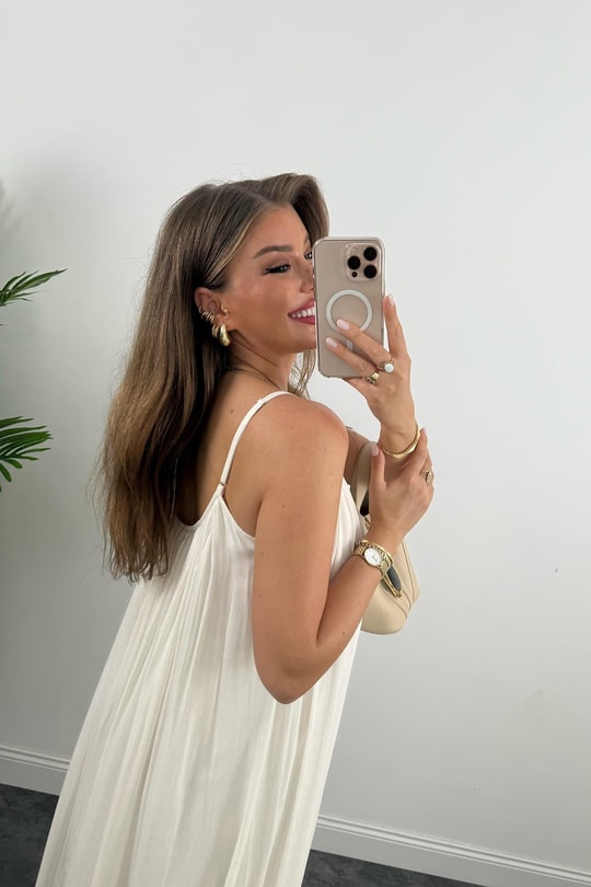 Lüx Kalite Naturel Seri %100 Pamuklu Astarlı Maxi Elbise Ekru 