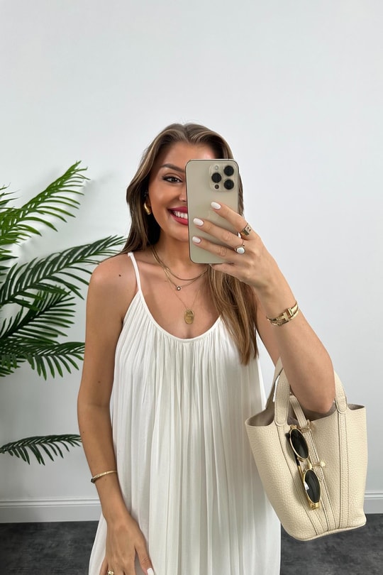 Lüx Kalite Naturel Seri %100 Pamuklu Astarlı Maxi Elbise Beyaz