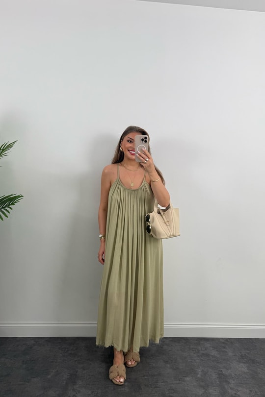 Lüx Kalite Naturel Seri %100 Pamuklu Astarlı Maxi Elbise Haki 