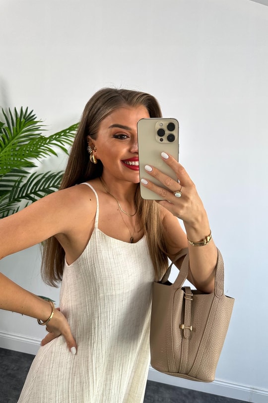 Lüx Kalite Naturel Seri Tam Boy İp Askılı Salaş Keten Elbise