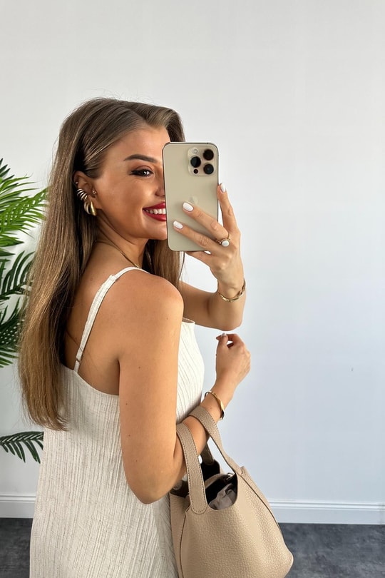 Lüx Kalite Naturel Seri Tam Boy İp Askılı Salaş Keten Elbise