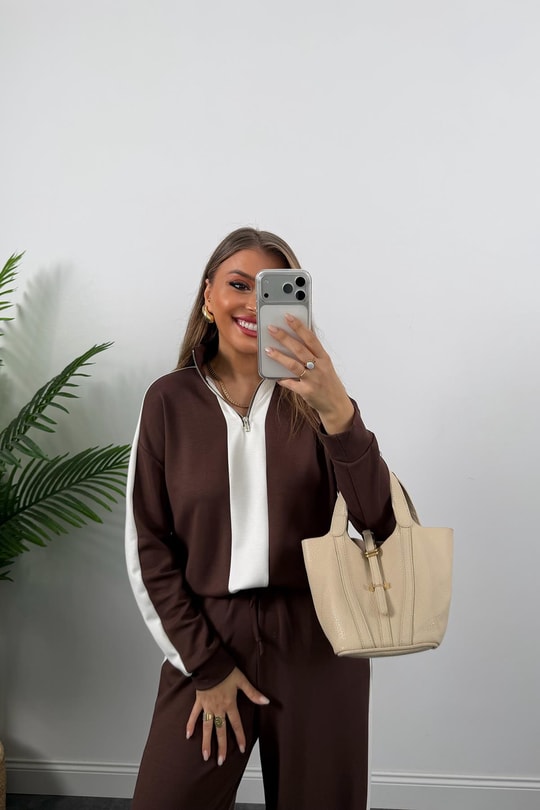 Lüx Kalite Oysh Model Şeritli Eşofman Takımı Acı Kahve