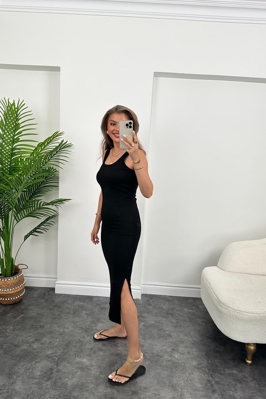 Lüx Kalite Oysh Model Yırtmaçlı Çelik Elbise Siyah