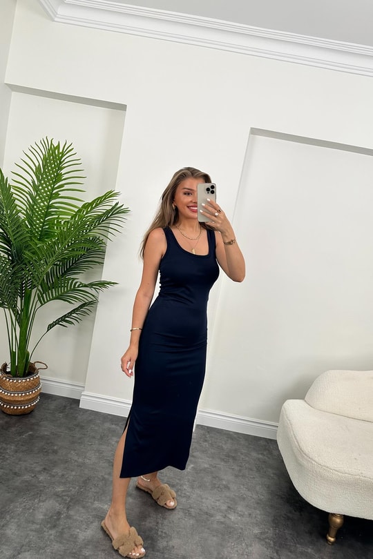 Lüx Kalite Oysh Model Yırtmaçlı Çelik Elbise Lacivert