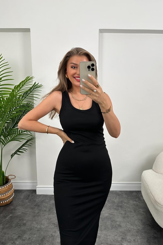 Lüx Kalite Oysh Model Yırtmaçlı Çelik Elbise Siyah