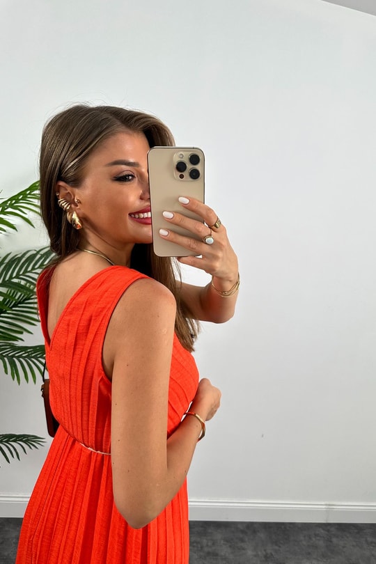 Lüx Kalite Pileli Kemerli Midi Boy Keten Elbise Oranj