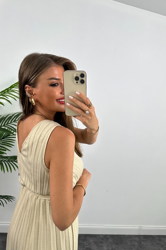 Lüx Kalite Pileli Kemerli Midi Boy Keten Elbise Taş