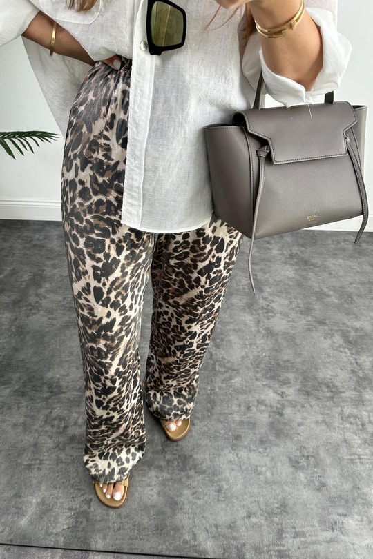 Lüx Kalite Soluk Efekt Parlak Kumaş Leopar Print Saten Palazzo