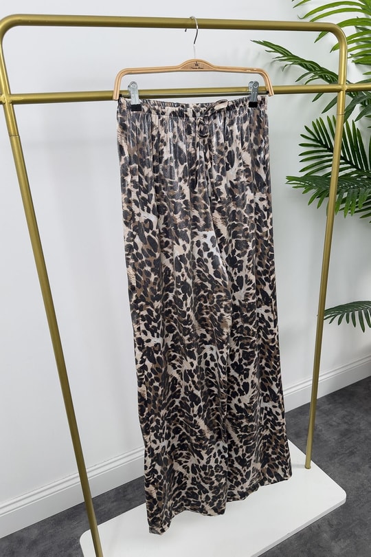 Lüx Kalite Soluk Efekt Parlak Kumaş Leopar Print Saten Palazzo