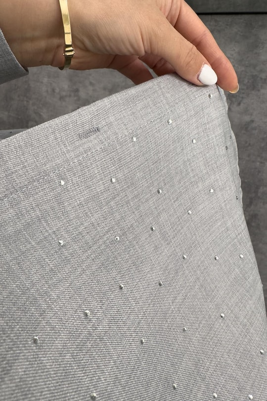 Lüx Kalite Taşlı Gömlek Palazzo Tasarım Keten Takım Gri