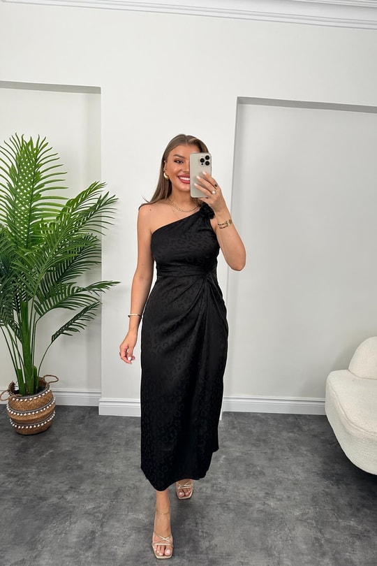 Lüx Kalite Tek Omuz Çiçekli Yırtmaçlı Maxi Boy Elbise Siyah