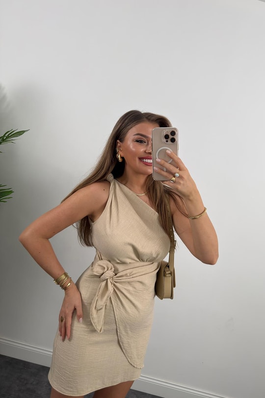 Lüx Kalite Tek Omuz Helen Model Anvelop Keten Elbise Taş 